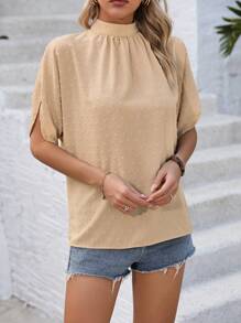 SHEIN LUNE Back Tie Bowknot Design Drop Shoulder Batwing Sleeve Blouse - Apricot - View 6