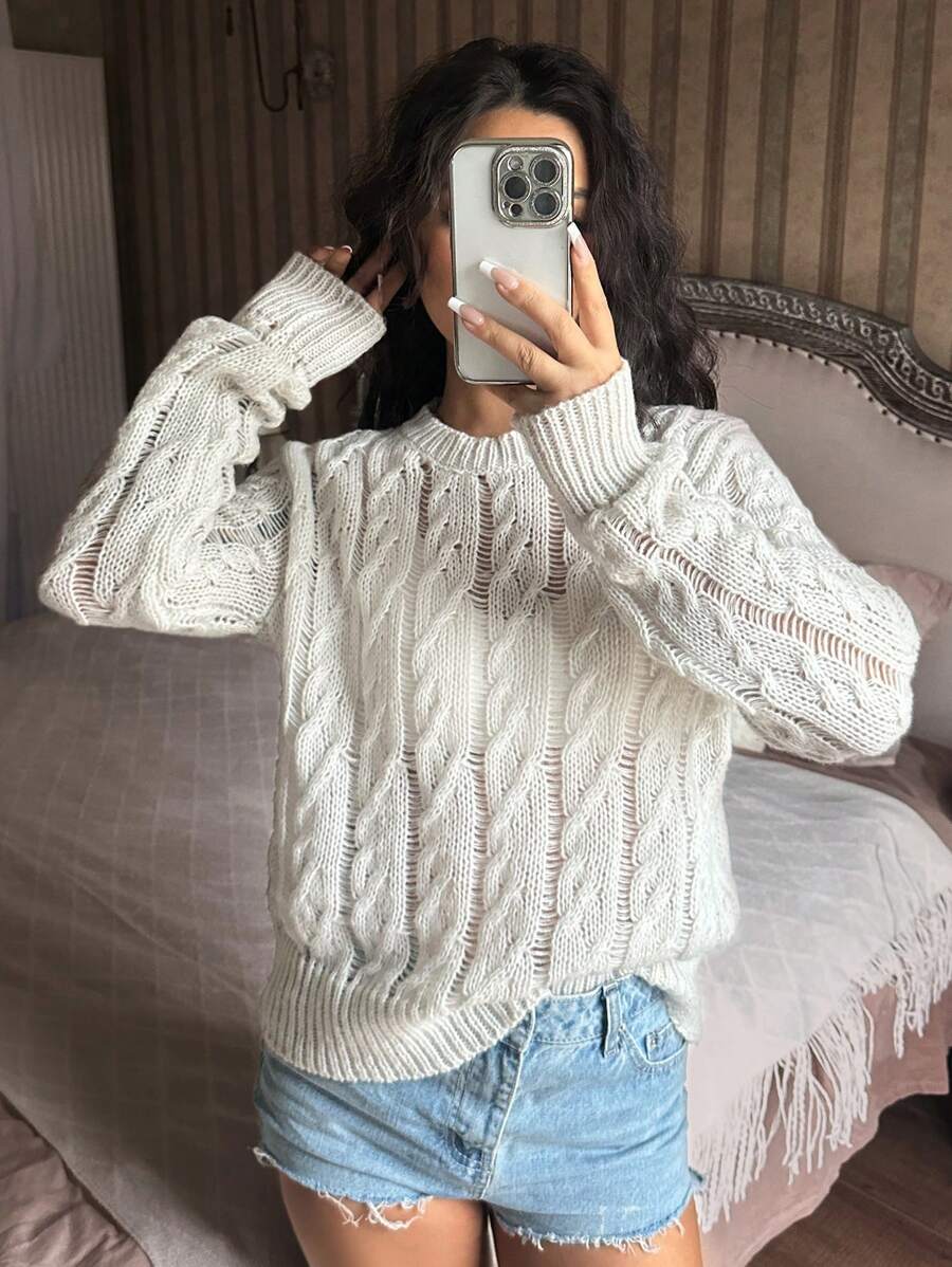 SHEIN Unity 女士纯色镂空针织毛衣 秋冬款 - 淺灰色 - 查看 1