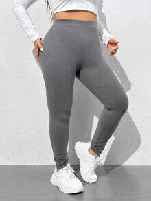 SHEIN EZwear 大码女式针织字母印花长款高腰保暖内衬紧身裤 - 灰色 - 查看 5