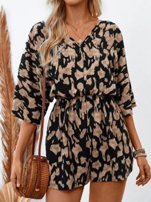 SHEIN LUNE Women's V-Neck Batwing Sleeve Backless Tie Bow Casual Vintage Printed Romper For Holiday - Multicolor - View 4