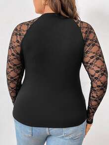 SHEIN Frenchy Plus Size Valentine Lace Patchwork Raglan Sleeve T-Shirt - Black - View 3