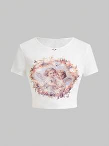 ROMWE Kawaii Của phụ nữ Thiên sứ & In Hoa Quần skinny Áo thun - trắng - Xem 1