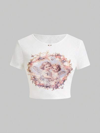 Kawaii Women's Angel & Flower Print Cropped T-Shirt