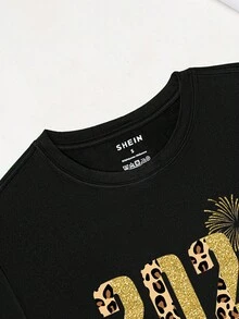 SHEIN EZwear Women's 2024 Happy New Year Printed Short Sleeve T-Shirt - Black - View 3