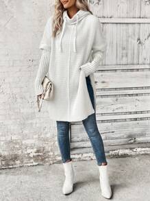 SHEIN LUNE 女士宽松开衩下摆套头连帽针织衫秋冬毛衣 - 白色 - 查看 6