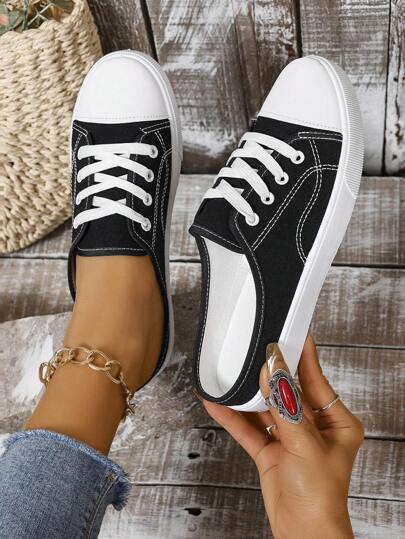 Fall/Winter New Plus Size Black Canvas Slip-On Sneakers, Casual Students Sports Shoes, Flat Fashion Board Shoes, Versatile Lace-Up Small White Casual Sports Shoes (Shoes Run Small, Recommend Ordering One Size Up)