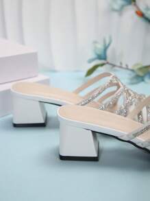 女款白色童話風方頭高跟鑲鑽涼鞋,適合夏秋季節 - 白色 - 查看 5