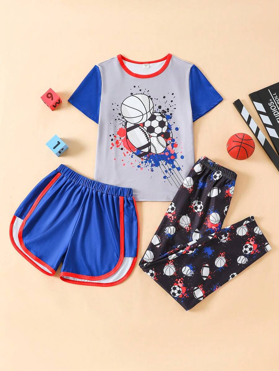 3pcs/Set Tween Boys' Cute Sports Soccer Print Short Sleeve T-Shirt, Pants And Shorts Casual Homewear - Multicolor - View 1