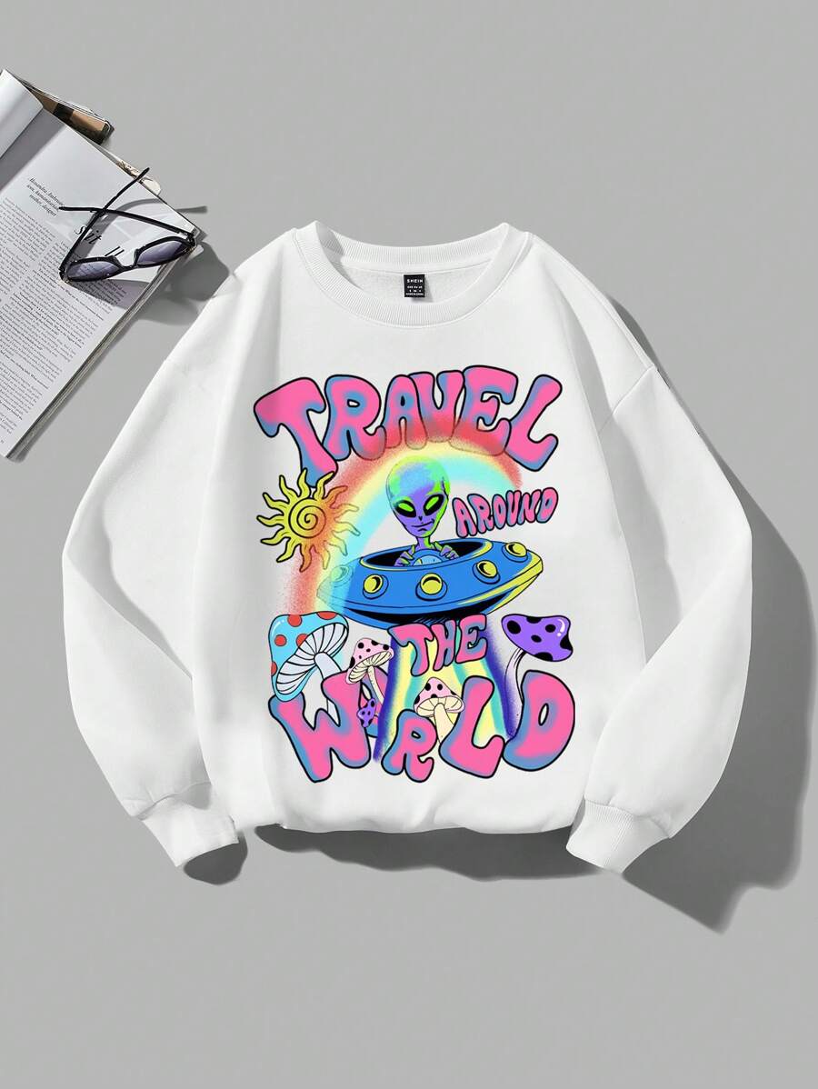 SHEIN EZwear 加大码外星人和蘑菇印花保暖内衬运动衫 - 白色 - 查看 1