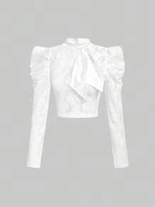SHEIN MOD 女式純色蕾絲上衣,配有領帶領和羊脂袖 - 白色 - 查看 1