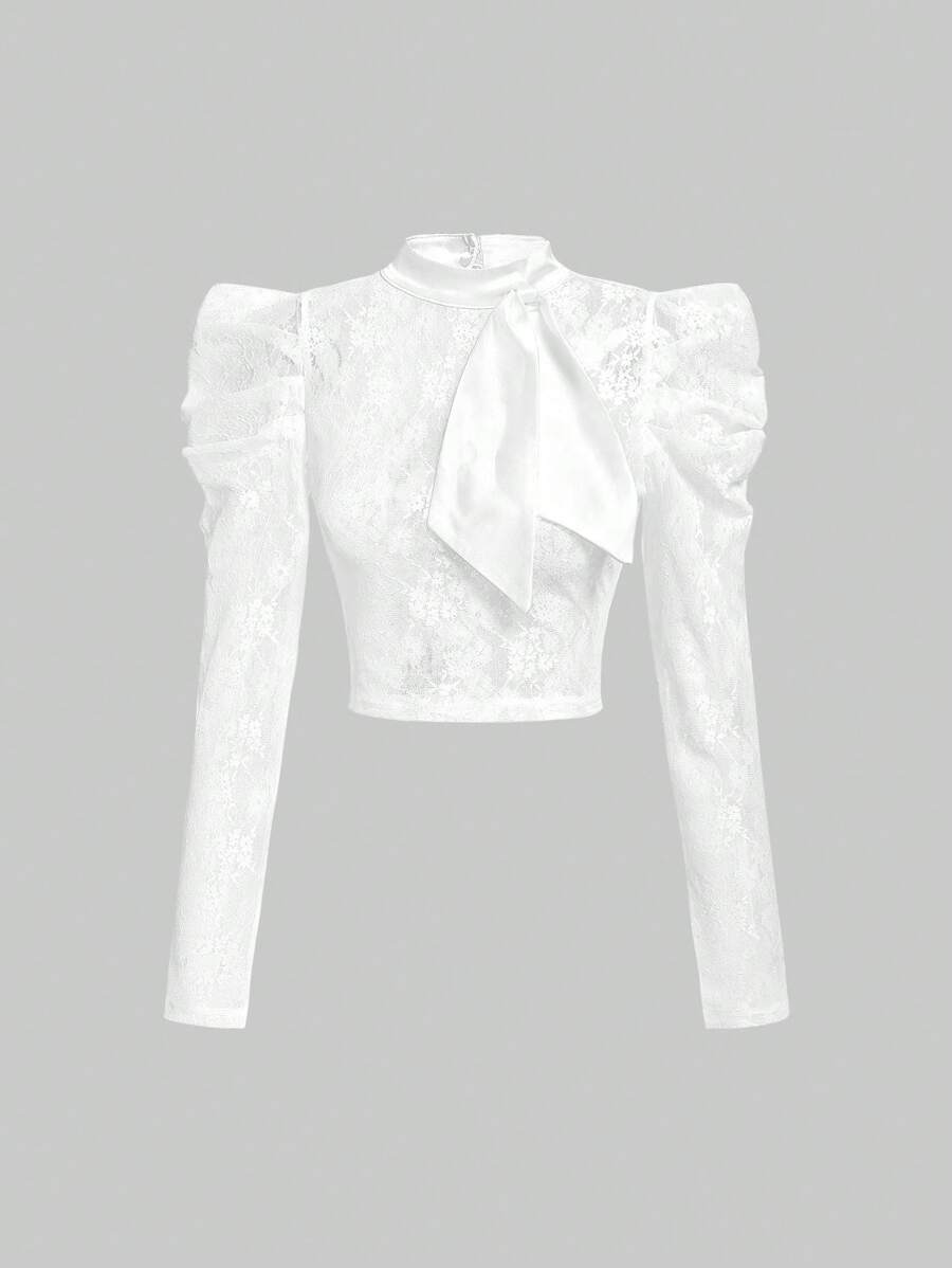 SHEIN MOD 女式純色蕾絲上衣,配有領帶領和羊脂袖 - 白色 - 查看 1