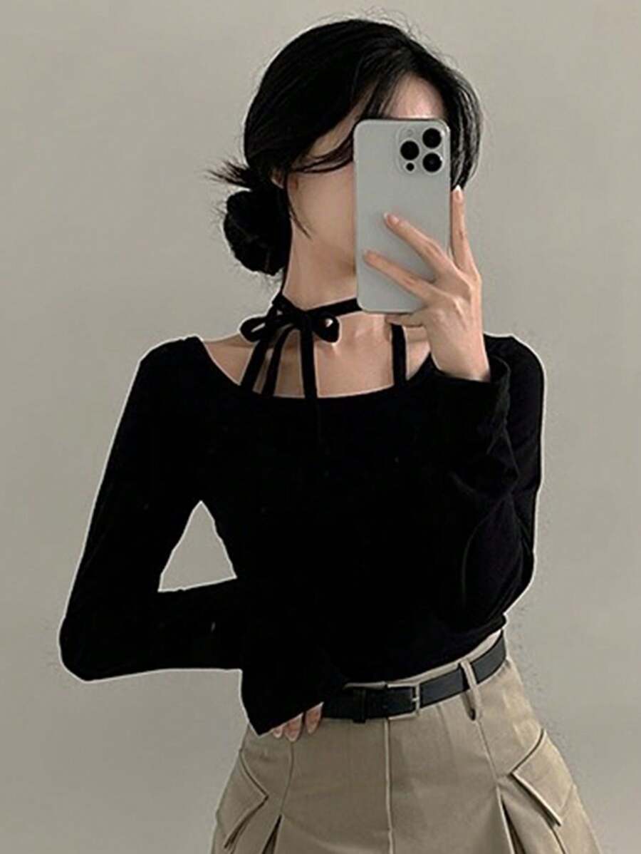 DAZY 女士休闲纯色蝴蝶结紧身T恤，春秋长袖女上衣，秋季女装