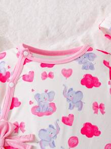Newborn Baby Girls' And Boys' Adorable Elephant Cartoon Print Jumpsuit For Homewear And Crawling - Baby Pink - View 4