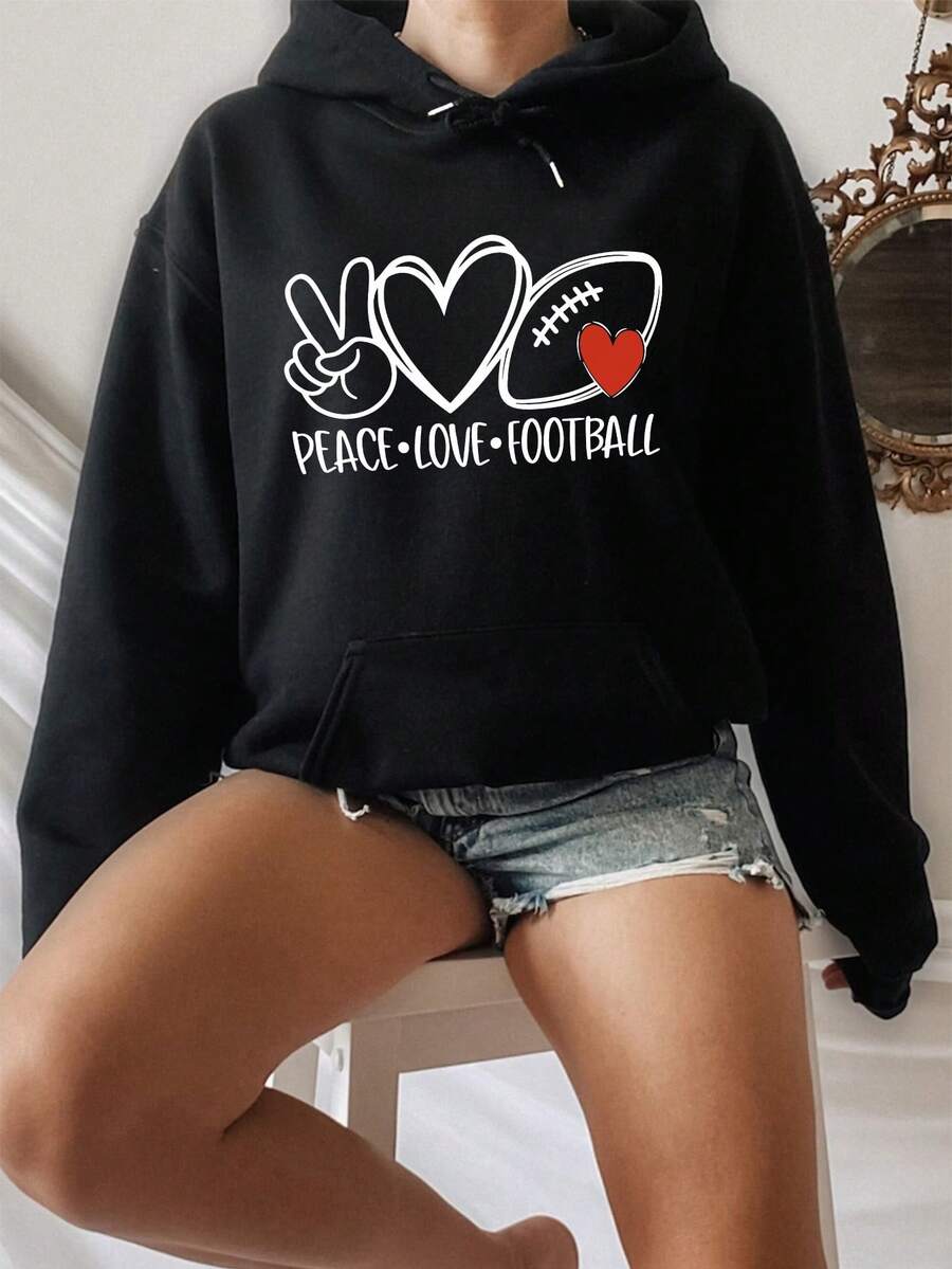 SHEIN EZwear 加大码爱心字母印花卫衣 - 黑色 - 查看 1