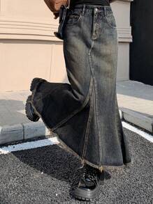 DAZY 牛仔A字裙，毛边下摆 - 藍色 - 查看 6