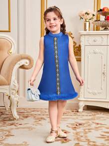SHEIN 小女孩繡花編織帶拼接無袖裙,底邊黏著帶裝飾 - 藍色 - 查看 3