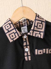 Conjunto de camisa polo y pantalones cortos con diseño geométrico y letras para niño pequeño, estilo universitario casual, apropiado para verano, vacaciones, viajes, relajación, tomar el sol - Multicolor - Ver 5