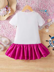 SHEIN Nhỏ bé Cô gái Đan Cô gái Mô hình Vá lại Dệt Hem Ruffled Lỏng lẻo Đầm - trắng - Xem 2