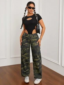 SHEIN ICON 迷彩水洗直筒無彈性牛仔褲 - 彩色 - 查看 5