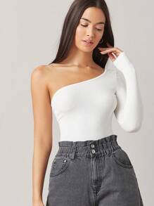 SHEIN BASICS One Shoulder Rib-knit Top - White - View 1