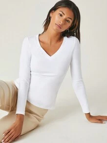 SHEIN BASICS Casual Versatile V-Neck Form Fitted Solid Tee - White - View 1