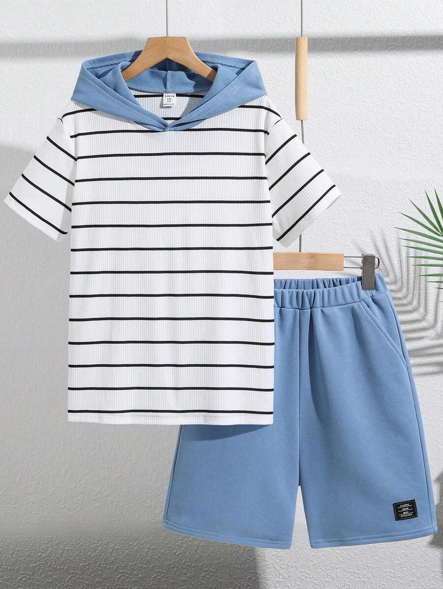 SHEIN 少年男孩寬鬆休閒連帽條紋t恤和短褲套裝 - 淺藍色 - 查看 1