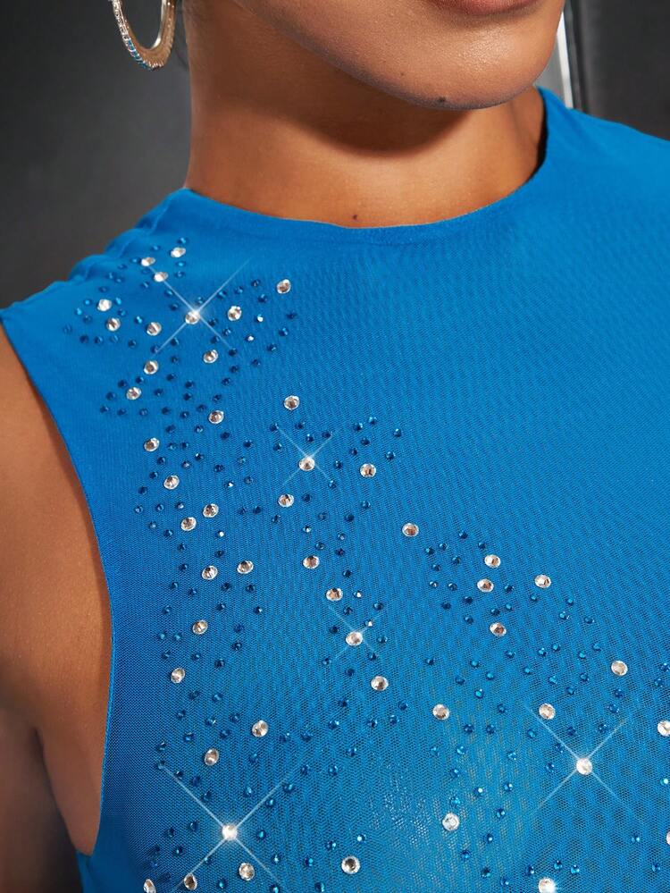 Women's Tight-Fitting See-Through Diamond Decorated Blue Sleeveless Dress