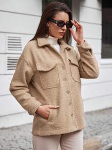 SHEIN Cottnline Flap Pocket Drop Shoulder Teddy Coat - Khaki - View 5