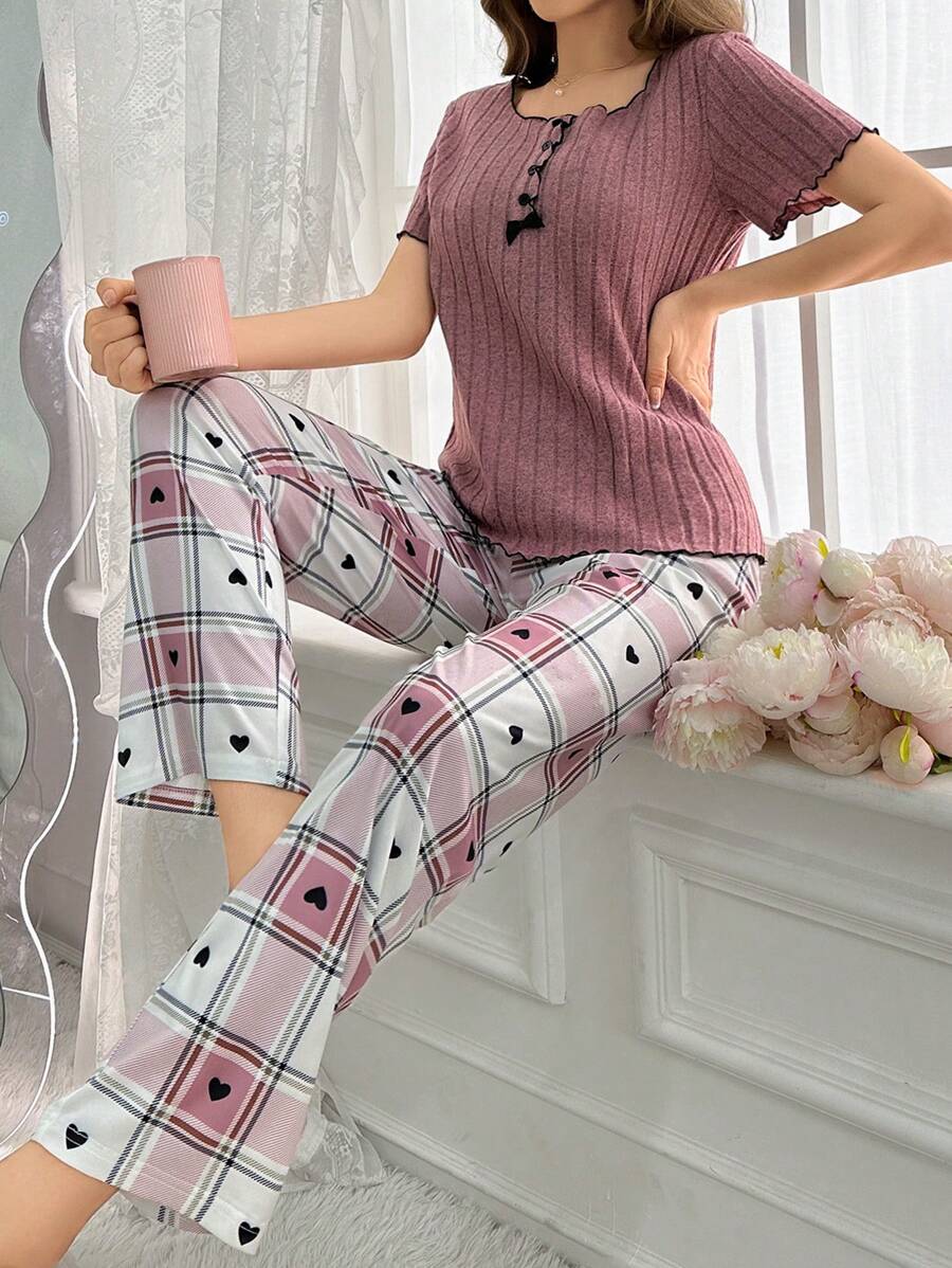 Women'S Lettuce Edge Short Sleeve Pajama Set - Dusty Pink - View 1