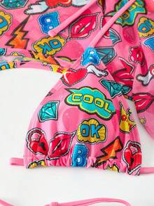 Women's Lips & Letter Printed Halter Neck Bikini Set Music Festival - Hot Pink - View 3