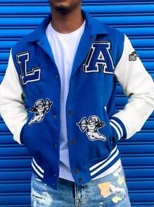 Manfinity Homme 男士长袖蓝白撞色天使字母拼接夹克，棒球夹克，秋季款 - 彩色 - 查看 1