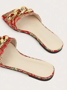 女性多色花卉布料鏈扣裝飾風格平底涼鞋,布料的顏色和圖案是隨機的 - 彩色 - 查看 5