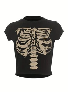 INAWLY Women's Skeleton Patterned Short Sleeve T-Shirt - Black - View 4