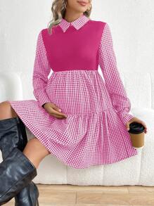 SHEIN Maternity Plaid Patchwork Dress - Pink - View 1