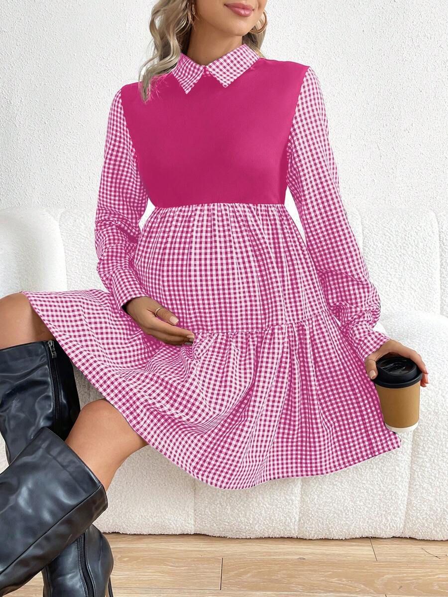 SHEIN Maternity Plaid Patchwork Dress - Pink - View 1