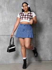 SHEIN EZwear 大碼百褶牛仔裙 - 中等水洗藍 - 查看 4