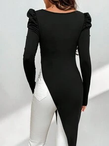 SHEIN Privé 女式純色羊腿袖不對稱下擺t卹 - 黑色 - 查看 2