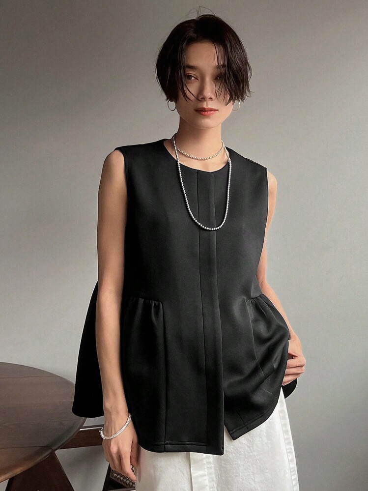 FRIFUL Women's Ruffle Hem Sleeveless Jacket Without Shirt Vest - Black - View 1
