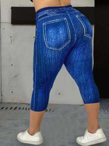 Calvaya Plus High Waist Denim-Effect Print Leggings - Blue - View 2