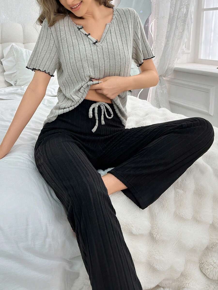 Conjunto De Pijama De Camiseta Sólida Con Ribete De Lechuga Y Pantalones Cortos Acanalados - Multicolor - Ver 1