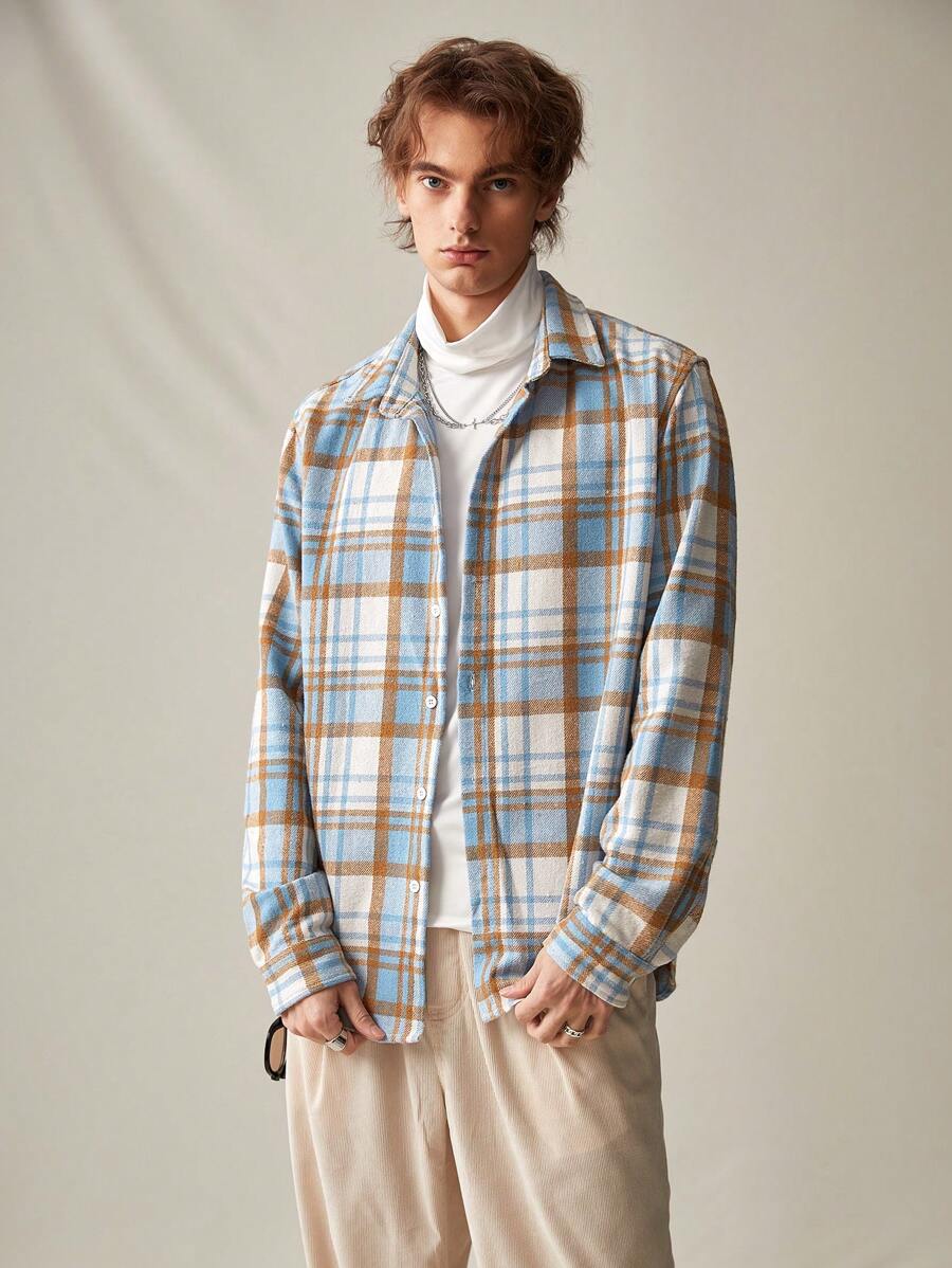 Manfinity RebelGame 男士寬鬆編織休閒格紋印花襯衫 - 藍白色 - 查看 1