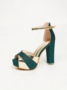Women's Platform Chunky Heel Waterproof Dress Sandals With Metallic Decoration, Elegant