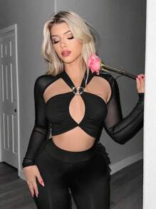 Sweetina Y2K Spring Women's Slim Fit Mesh Contrast Front & Middle Hollow Out Heart Rhinestone Decor T-Shirt