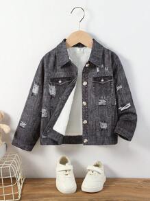 SHEIN Chaqueta de forro polar con estampado floral de moda para niña joven, otoño/invierno - Gris - Ver 1