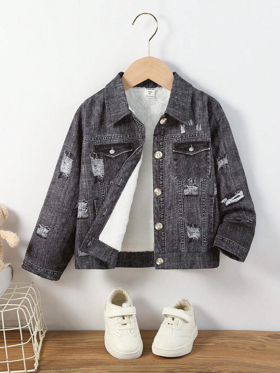 SHEIN Chaqueta de forro polar con estampado floral de moda para niña joven, otoño/invierno - Gris - Ver 1