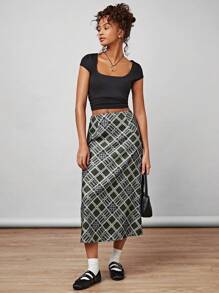 Forever 21 Của phụ nữ Retro Họa tiết Lưới Đơn giản Váy chữ A , Cao đẳng Gió - xanh quân đội - Xem 4