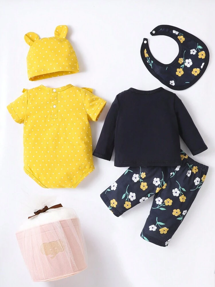 6pcs/Set Newborn Baby Boys' And Girls' Casual Floral Print Long Sleeve Daily Outfits For Spring And Autumn