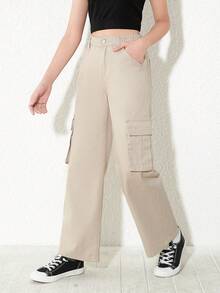 Tween Girls復古休閒時尚工裝直筒牛仔褲 - 卡其色 - 查看 3