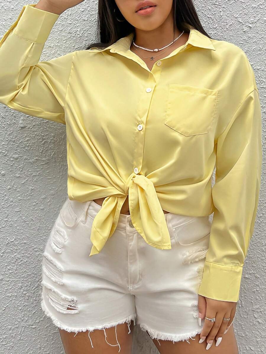SHEIN CURVE+ Plus Size Solid Color Drop Shoulder Sleeve Shirt - Yellow - View 1