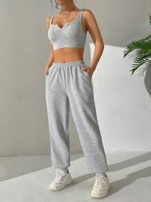 SHEIN EZwear Cropped Tank Top With Notched Neckline And Sweatpants Set - Grey - View 6